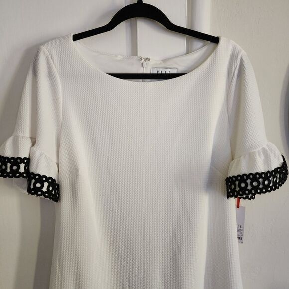 Elle Textured Embroidered Lace Ruffle Sleeve Ivory White Sheath Dress Size Large - Picture 3 of 11